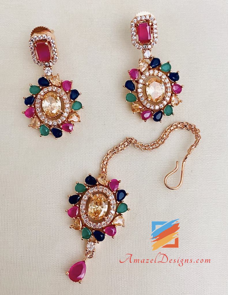 American Diamond Multicolored Necklace Earrings Tikka Set
