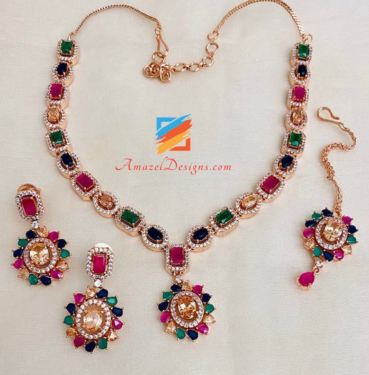 American Diamond Multicolored Necklace Earrings Tikka Set