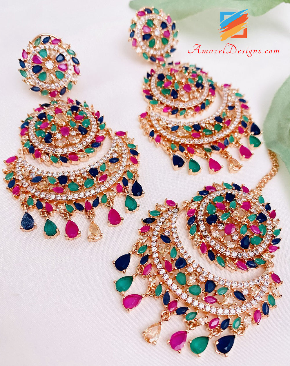 American Diamond (AD) Earrings Tikka Set – Amazel Designs