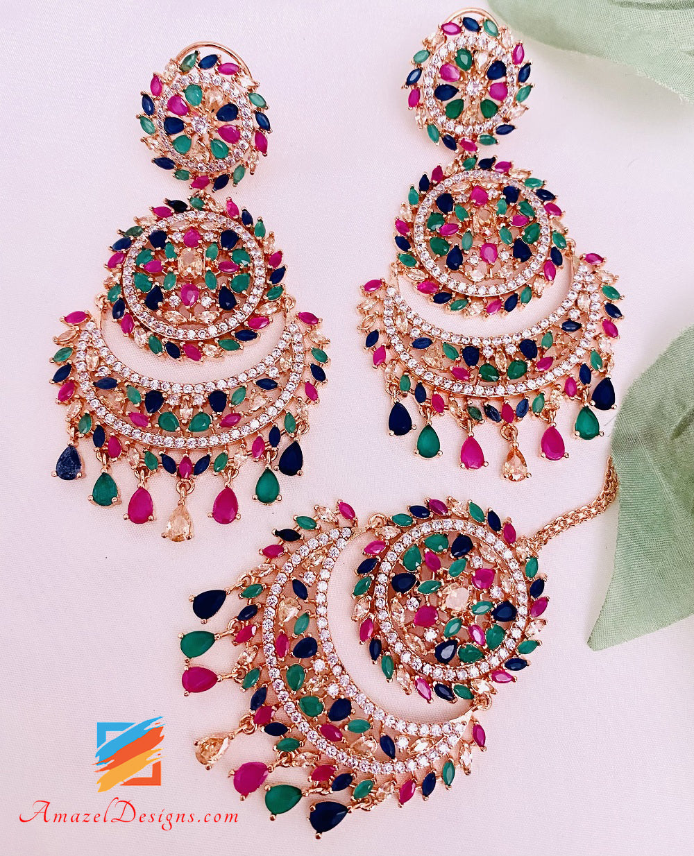 American Diamond (AD) Earrings Tikka Set