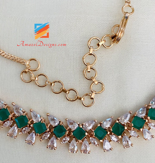 American Diamond (AD) Green Rose Gold Single Line Necklace