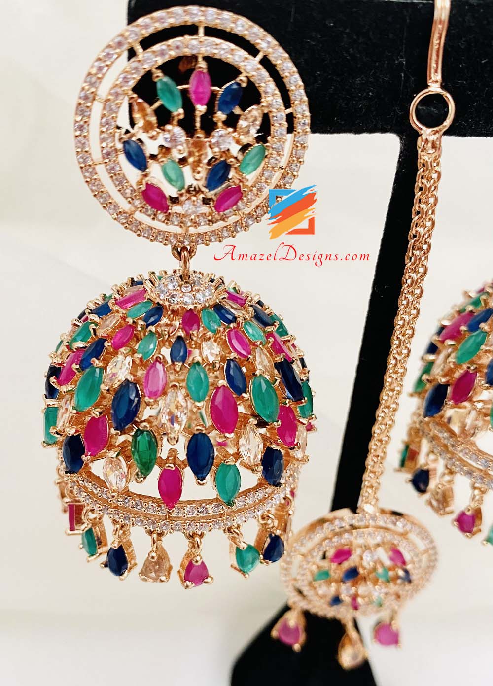 American Diamond (AD) Multicolored Big Jhumka Tikka Set