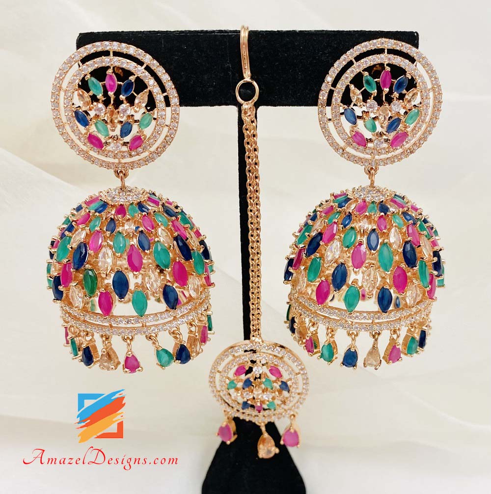 American Diamond (AD) Multicolored Big Jhumka Tikka Set