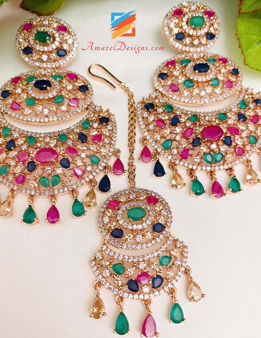 American Diamond (AD) Multicolored Earrings Tikka Set