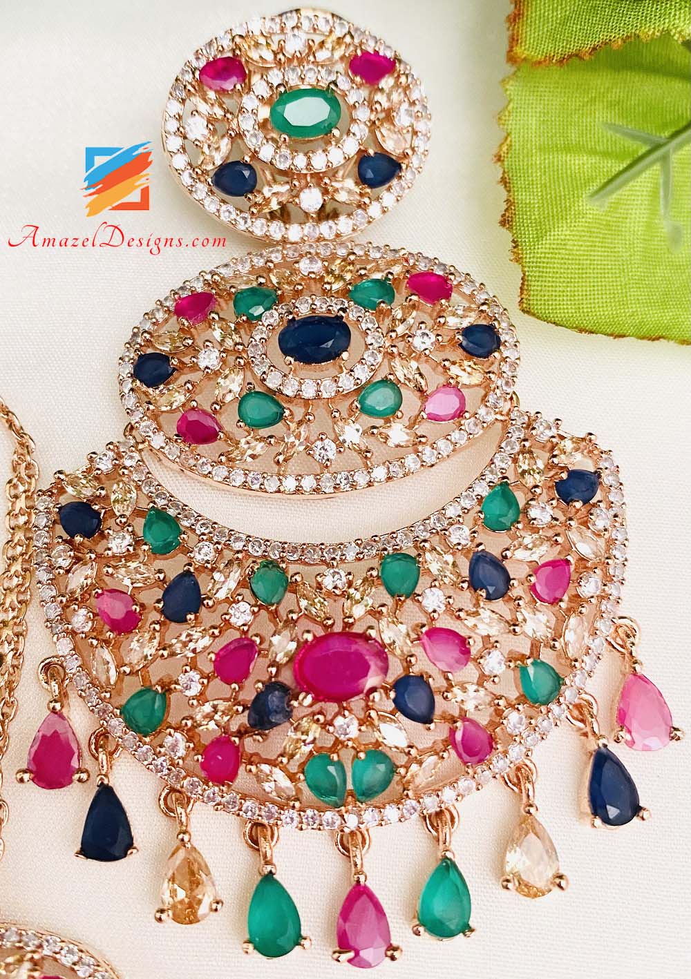 American Diamond (AD) Multicolored Earrings Tikka Set