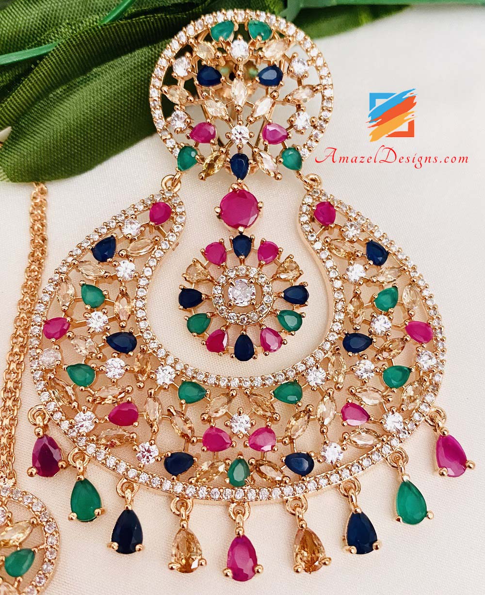 American Diamond (AD) Multicolored Earrings Tikka Set