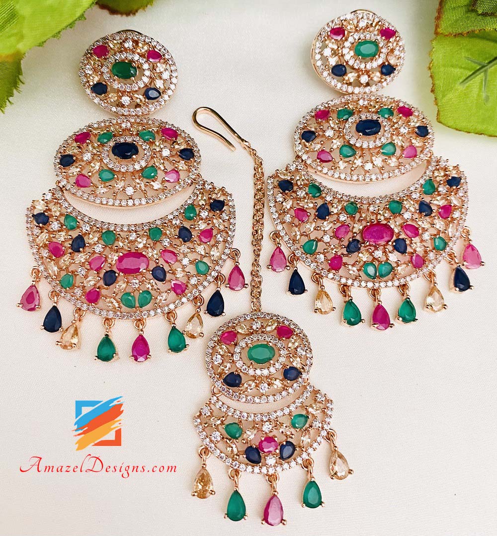 American Diamond (AD) Multicolored Earrings Tikka Set