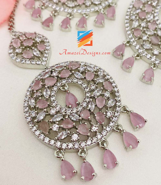 American Diamond (AD) Pink Silver Earrings Tikka Set