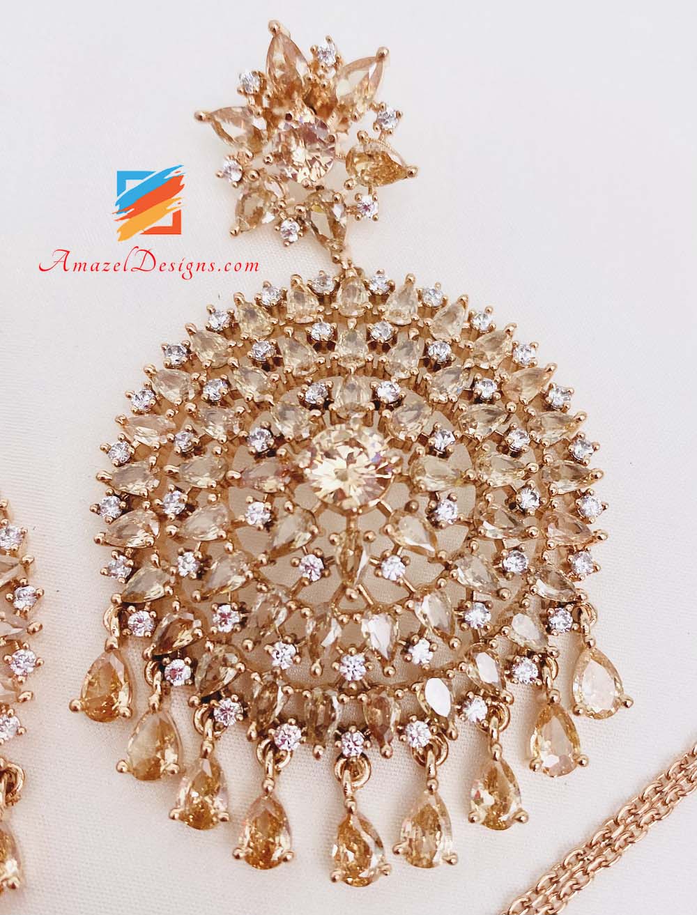 American Diamond (AD) Rose Gold Earrings Tikka Set