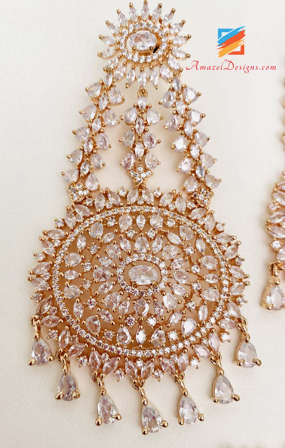 American Diamond(AD) Rose Gold Earrings Tikka Set