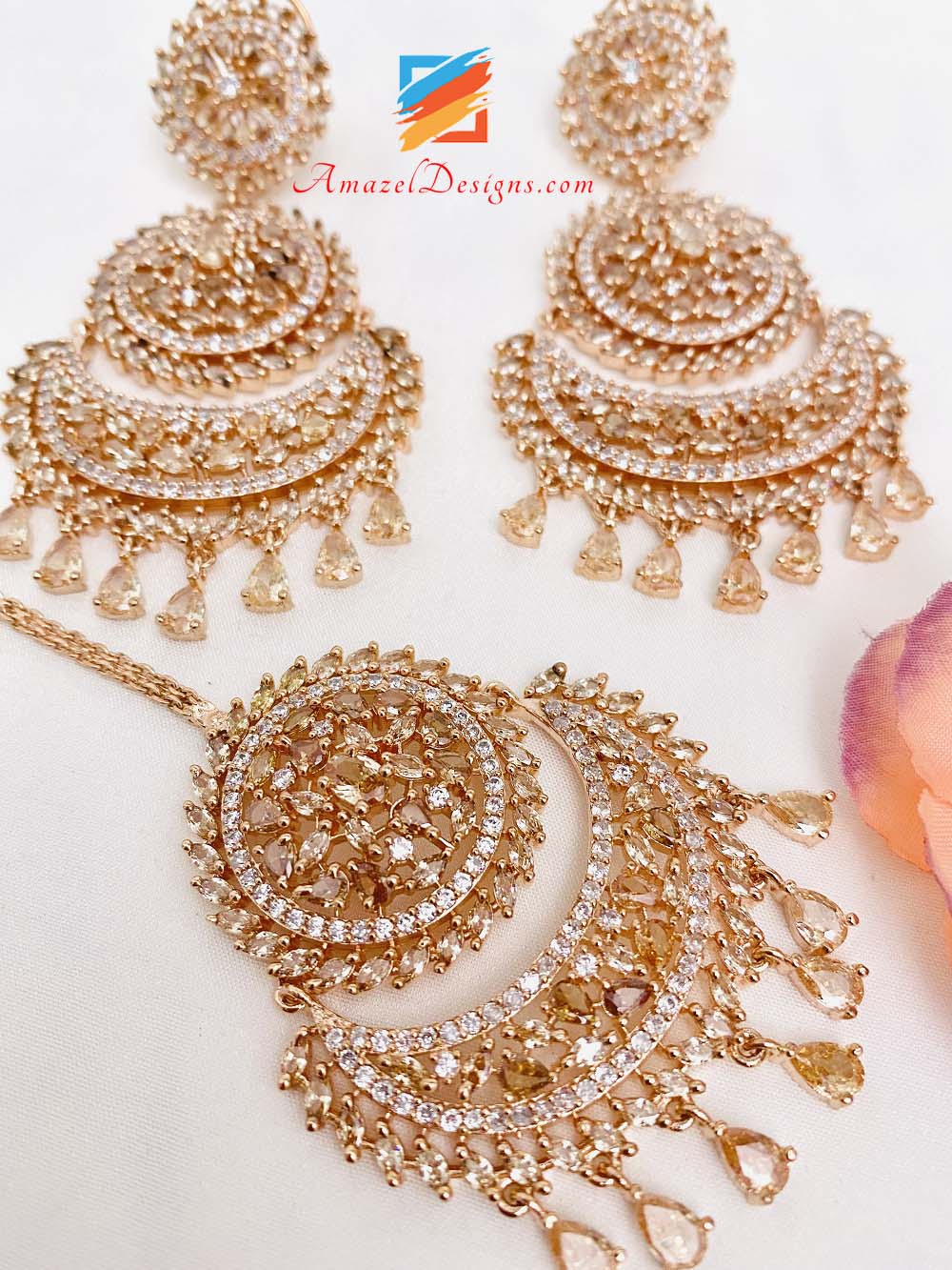 American Diamond (AD) Rose Gold Earrings Tikka Set