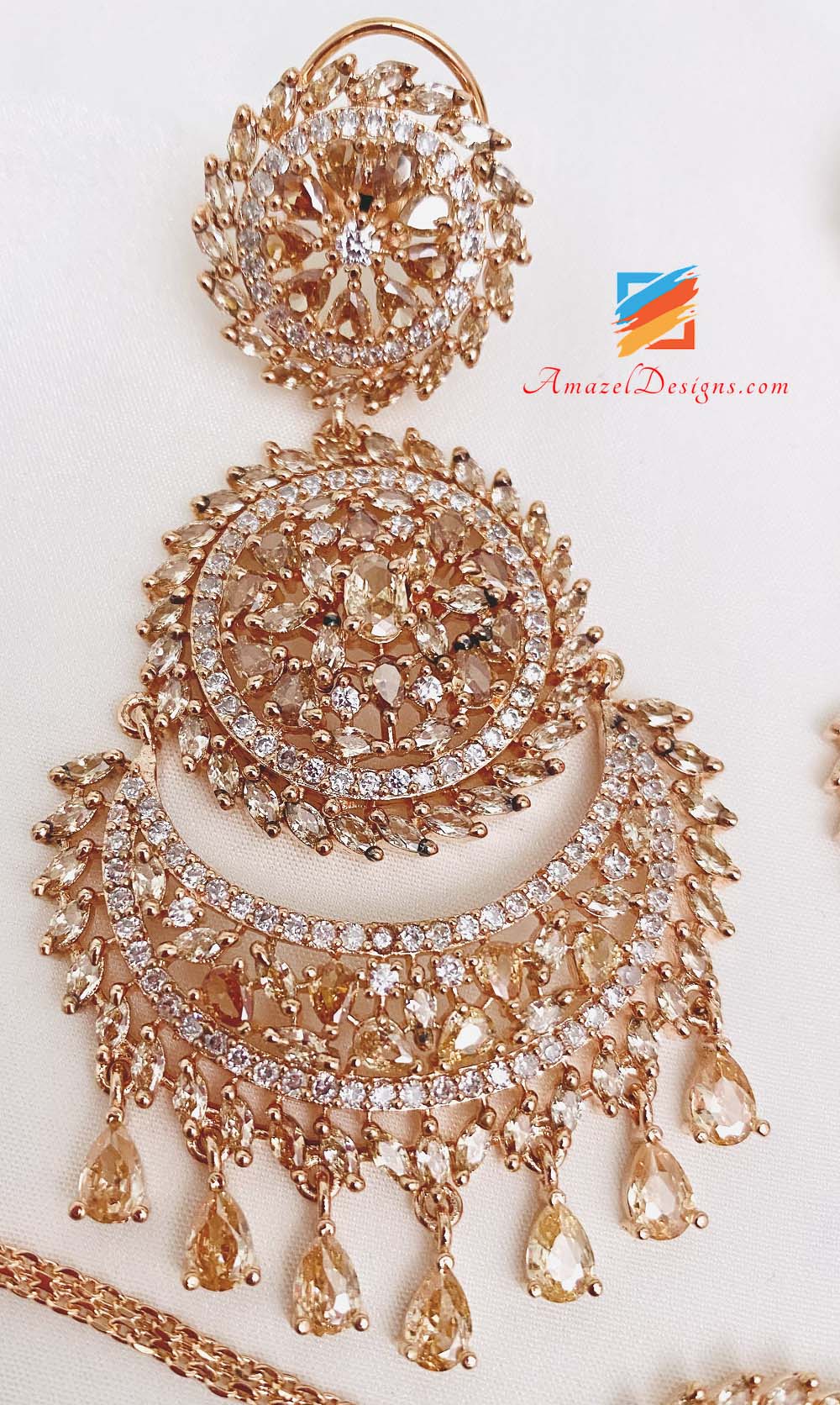 American Diamond (AD) Rose Gold Earrings Tikka Set