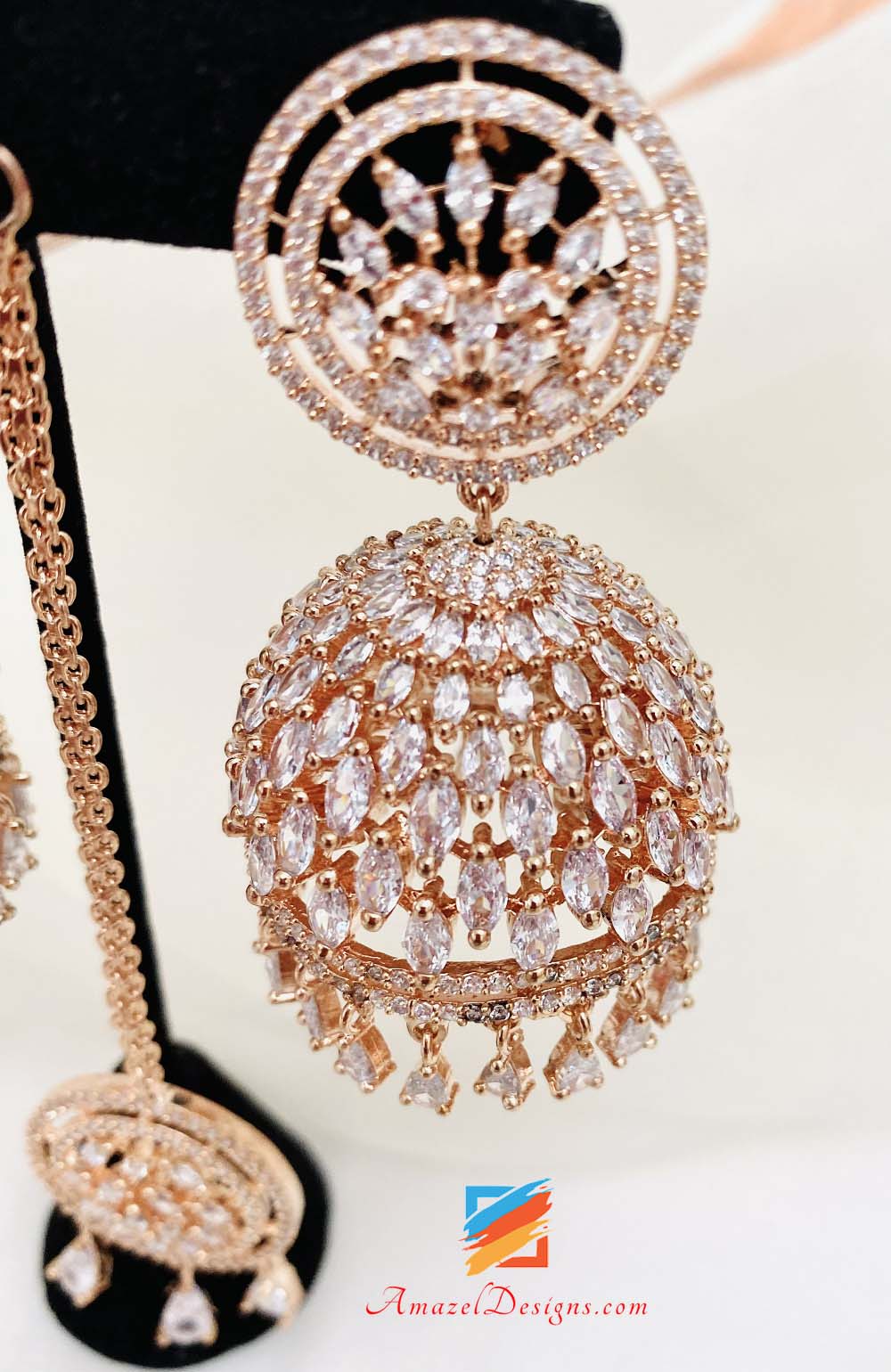 American Diamond (AD) Rose Gold Jhumka Earrings Tikka Set