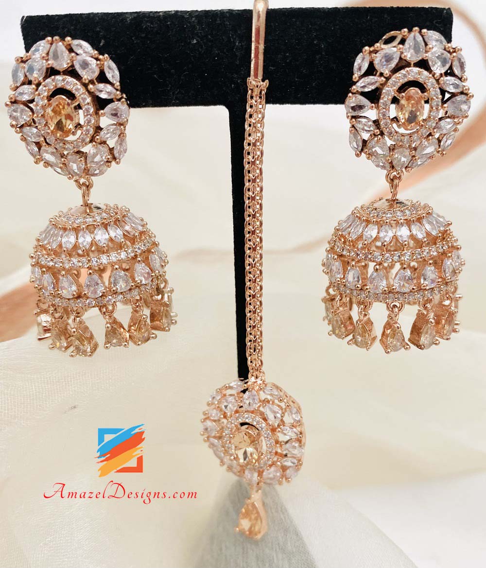 American Diamond (AD) Rose Gold Small Jhumki Tikka Set