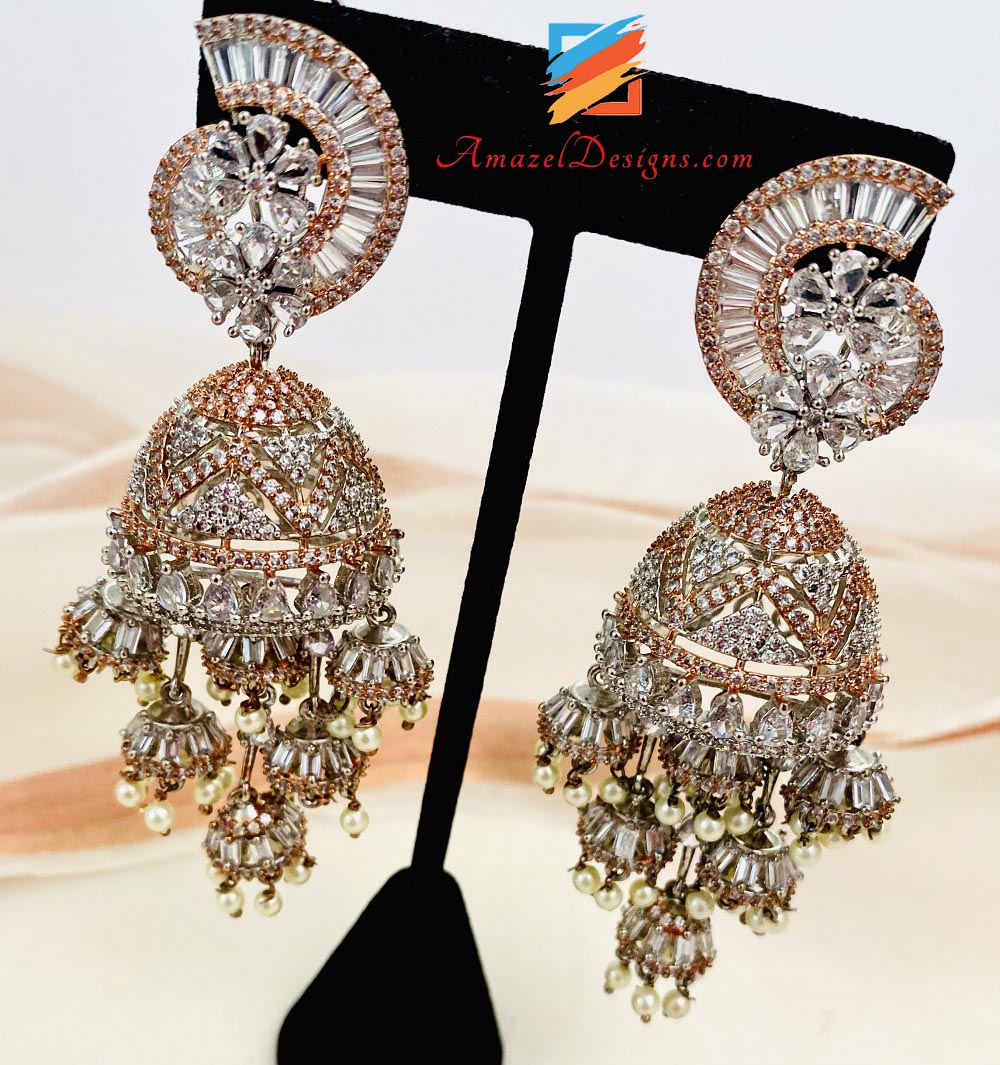 American Diamond (AD) Rose Gold Oxidized Jhumka