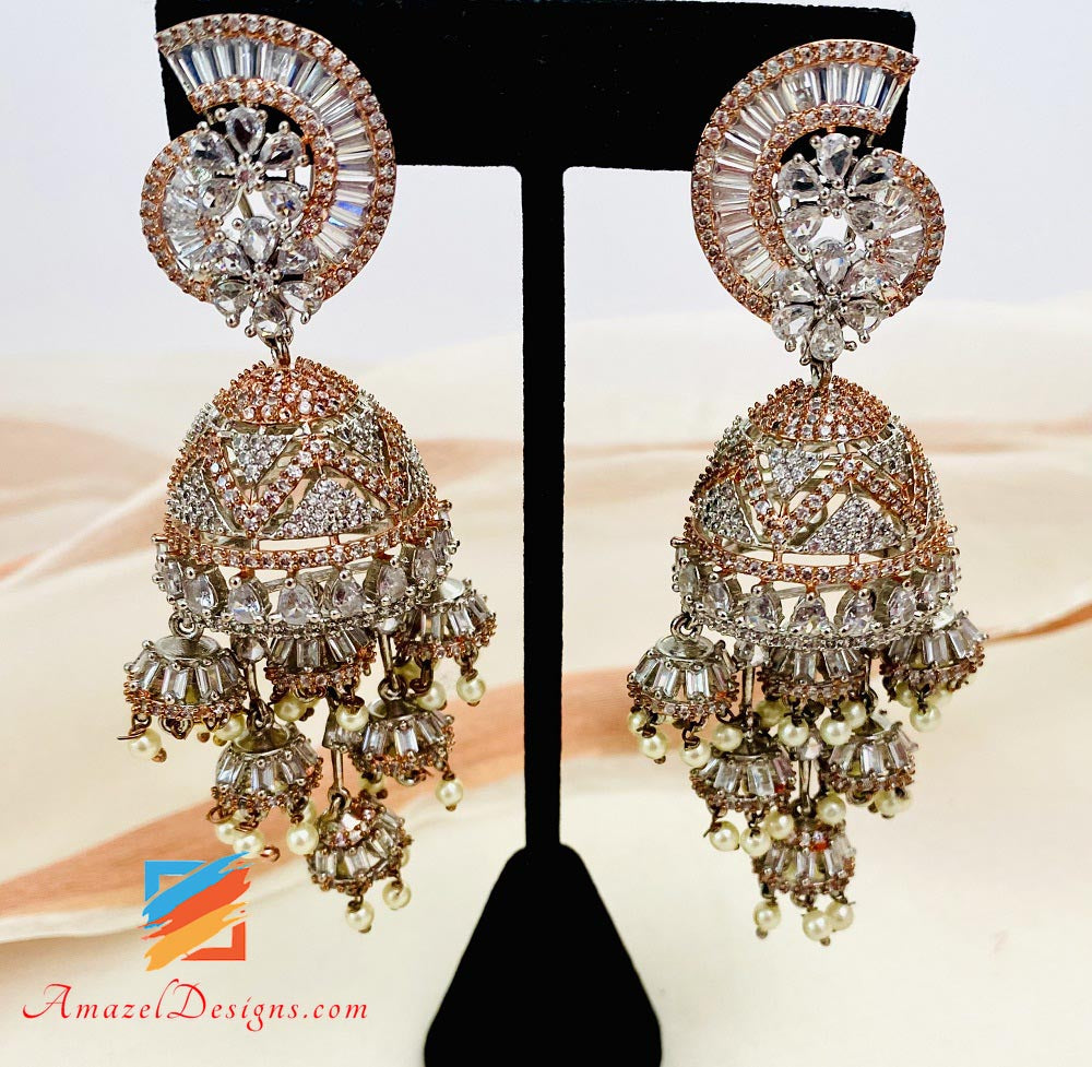 American Diamond (AD) Rose Gold Oxidized Jhumka