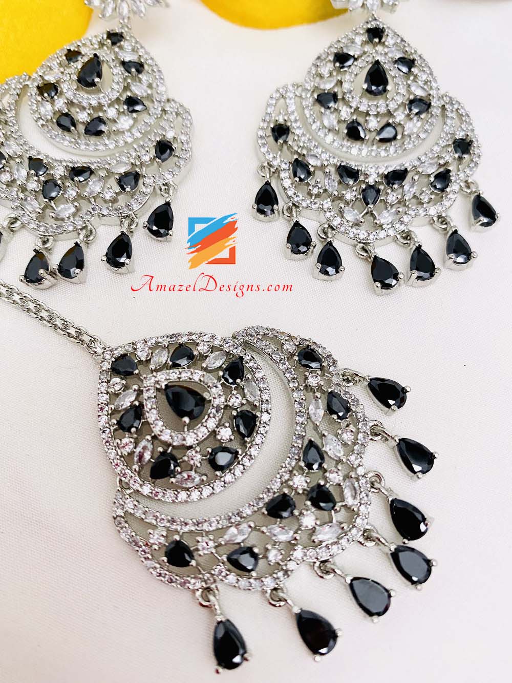 American Diamond (AD) Silver Black Earrings Tikka Set