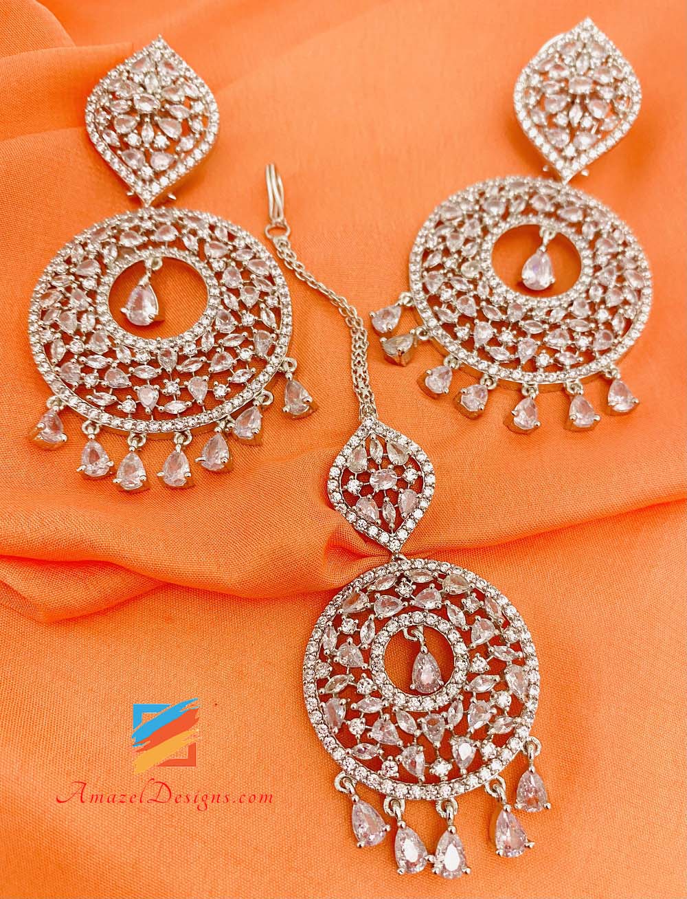 American Diamond (AD) Silber Ohrringe Tikka Set