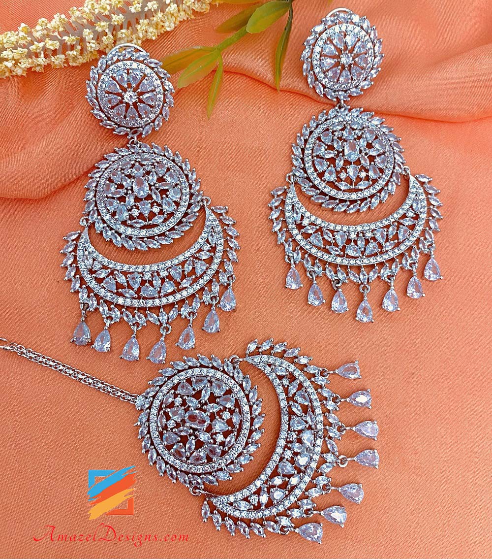 American Diamond(AD) Silver Earrings Tikka Set – Amazel Designs