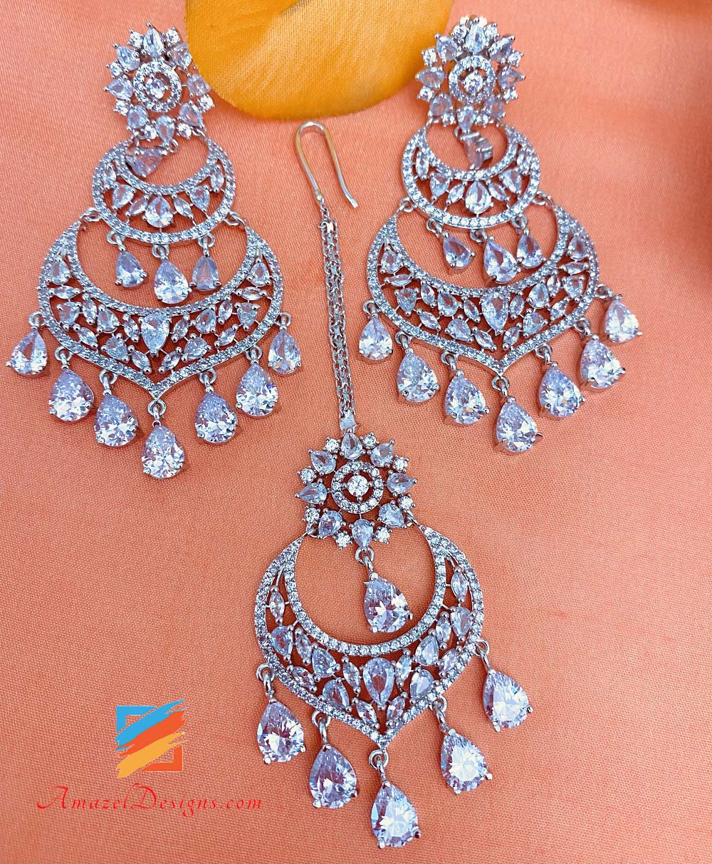 American Diamond (AD) Silber Ohrringe Tikka Set