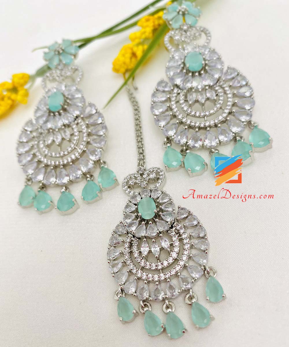 American Diamond (AD) Silber Mint Ohrringe Tikka Set