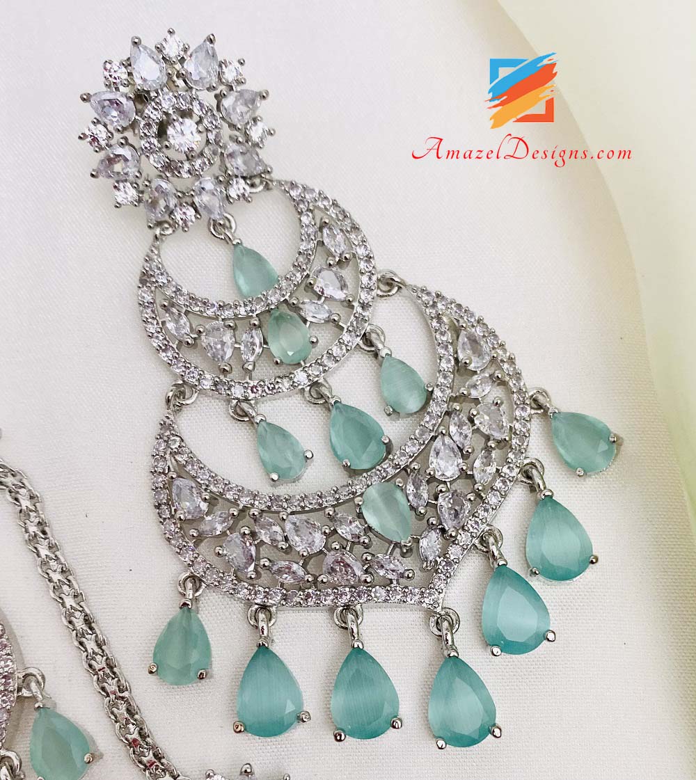 American Diamond (AD) Silber Mint Ohrringe Tikka Set