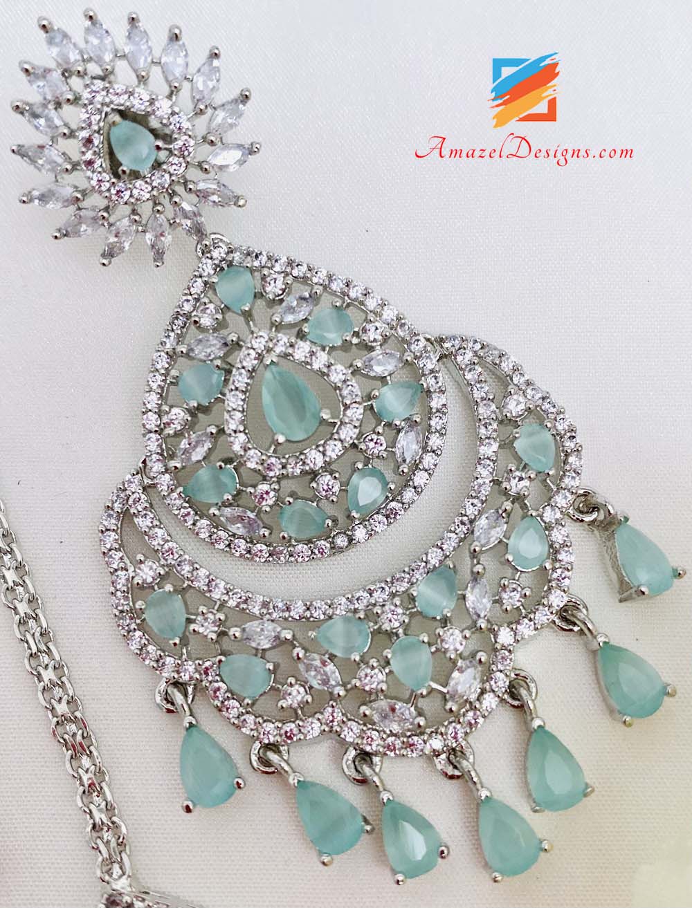 American Diamond (AD) Silber Mint Ohrringe Tikka Set