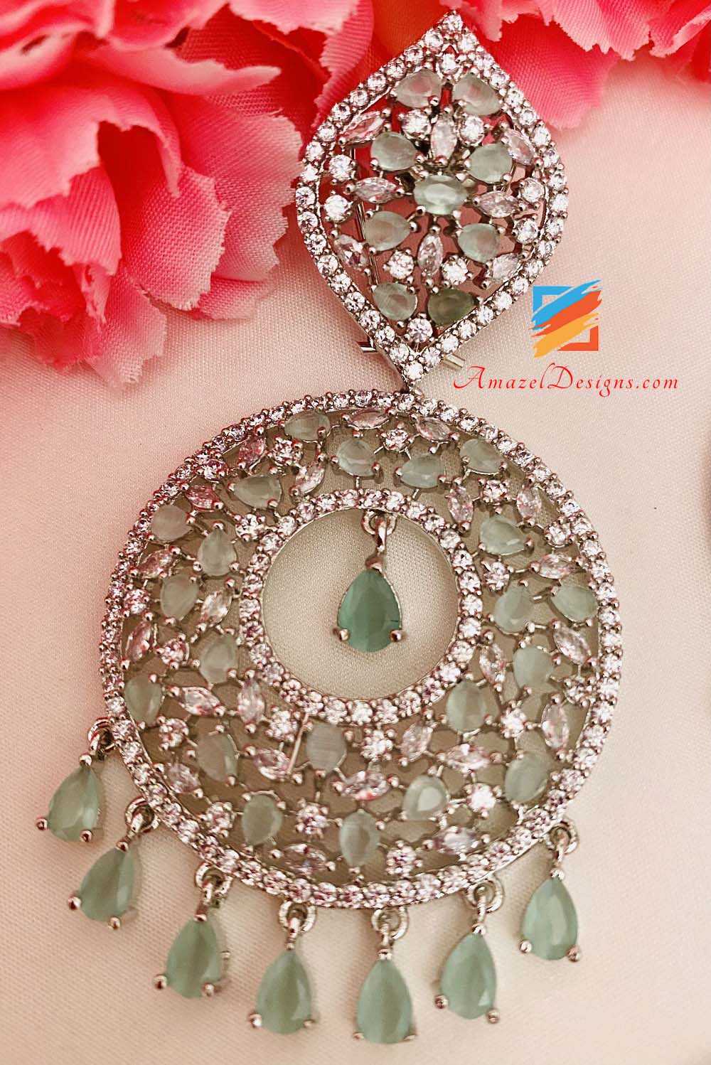 American Diamond (AD) Silber Mint Ohrringe Tikka Set