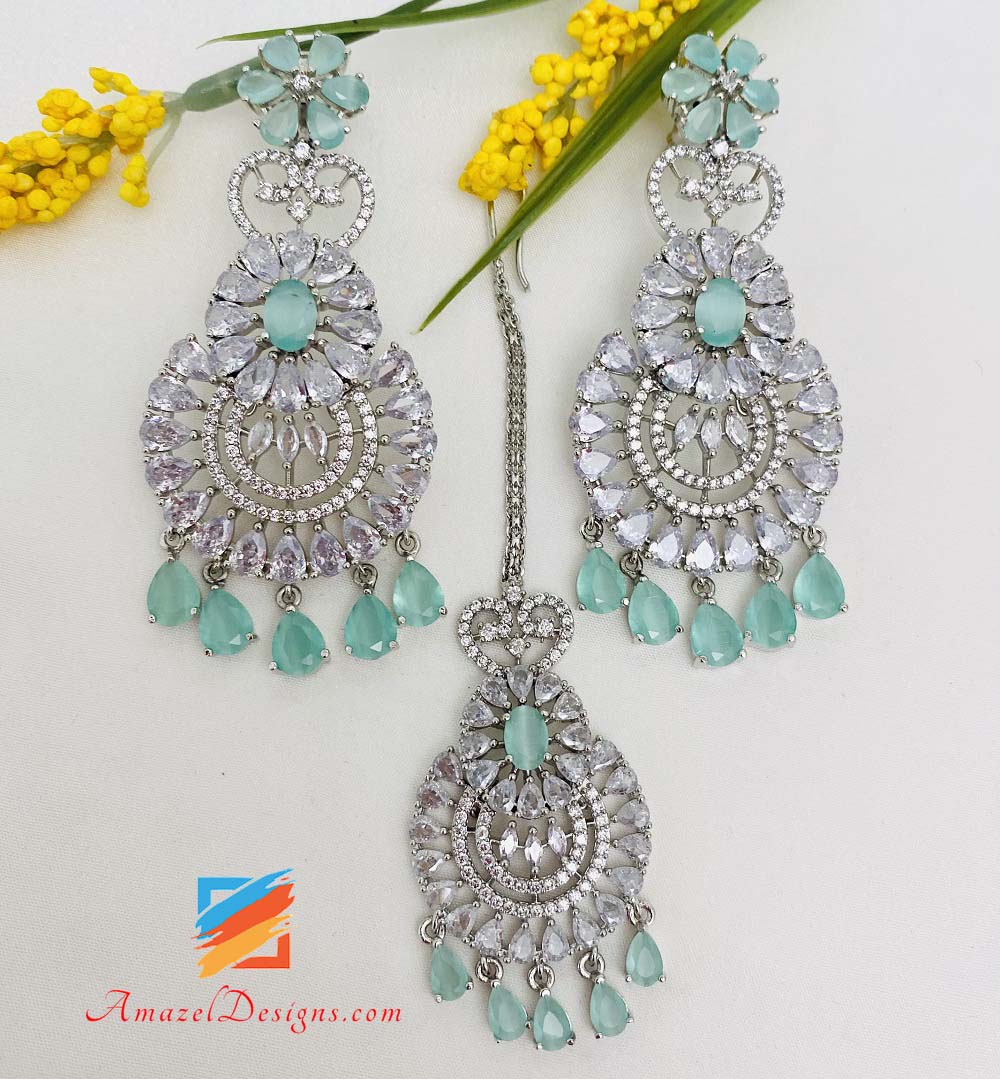 American Diamond (AD) Silber Mint Ohrringe Tikka Set