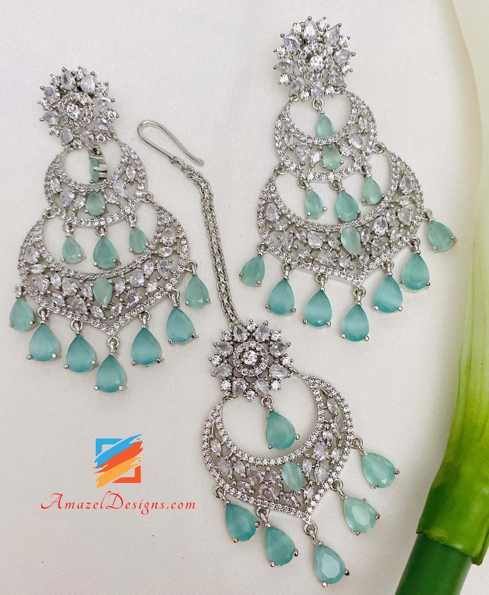 American Diamond (AD) Silber Mint Ohrringe Tikka Set