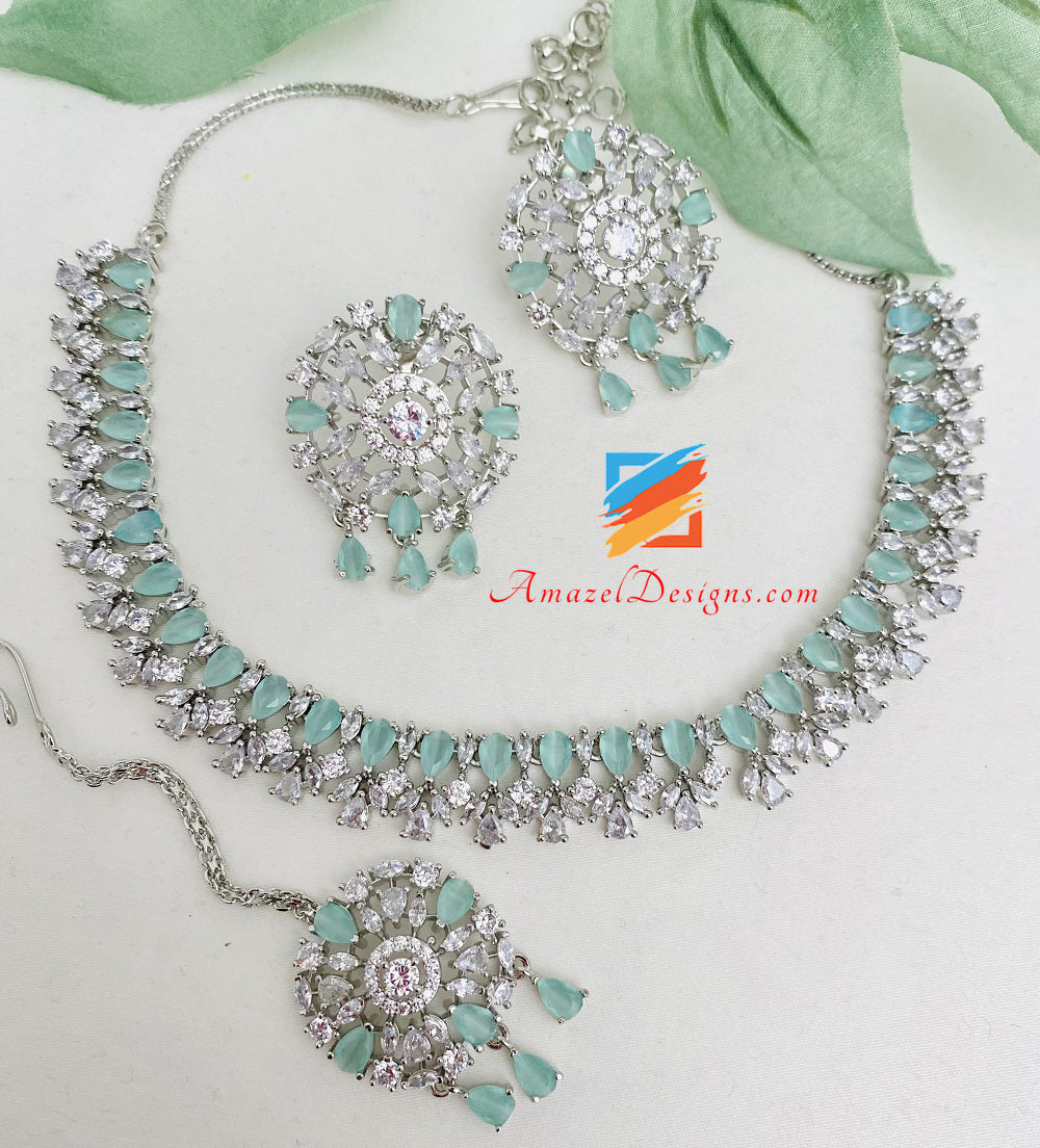 American Diamond (AD) Silver Mint Collana/Girocollo Borchie Tikka Set