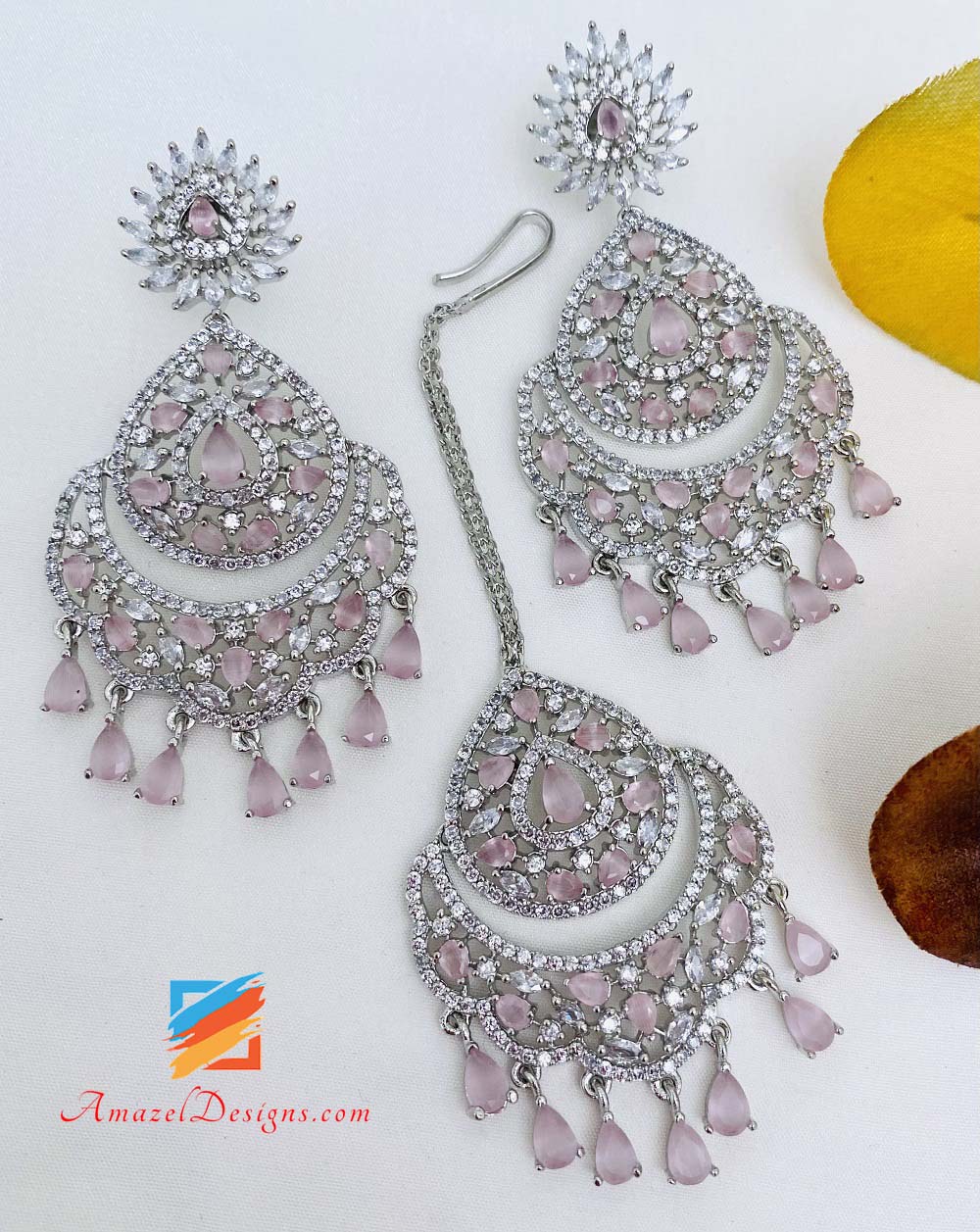 American Diamond (AD) Silver Pink Earrings Tikka Set – Amazel Designs
