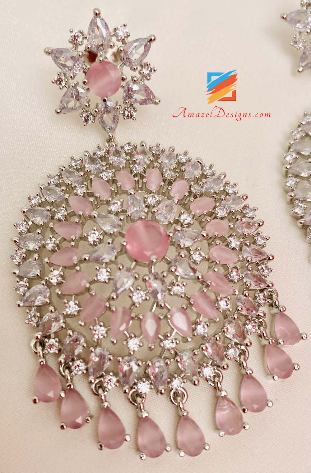 American Diamond (AD) Silber Rosa Ohrringe Tikka Set