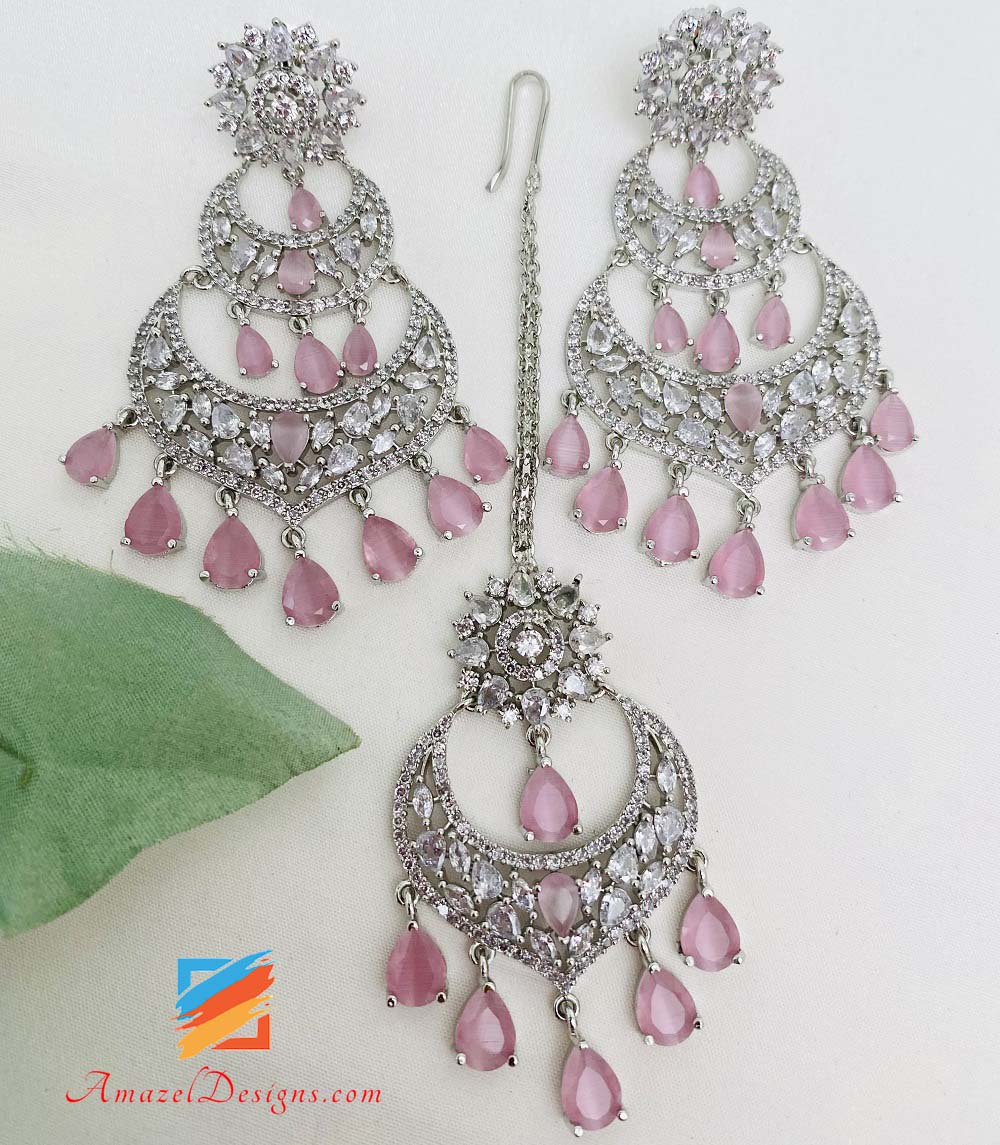 American Diamond (AD) Silber Rosa Ohrringe Tikka Set