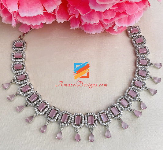 American Diamond (AD) Silver Pink Single Line Necklace