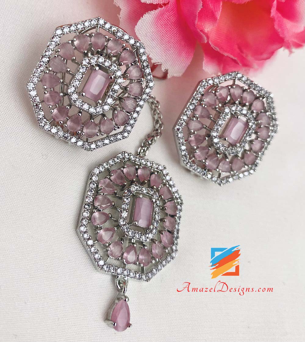 American Diamond (AD) Set Tikka con borchie rosa argento