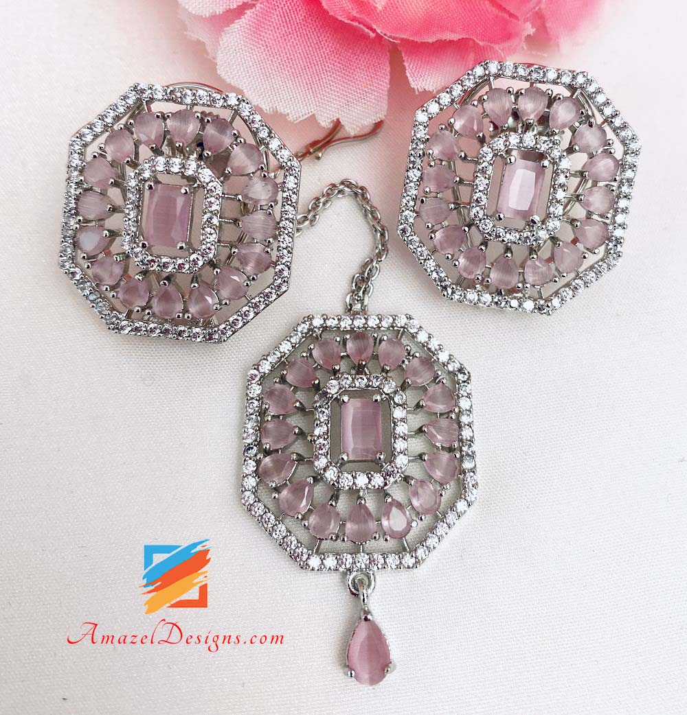 American Diamond (AD) Set Tikka con borchie rosa argento