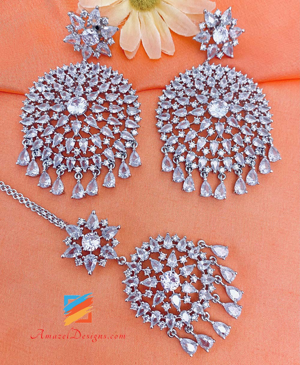 Silver American Diamond (AD) Earrings Tikka Set – Amazel Designs