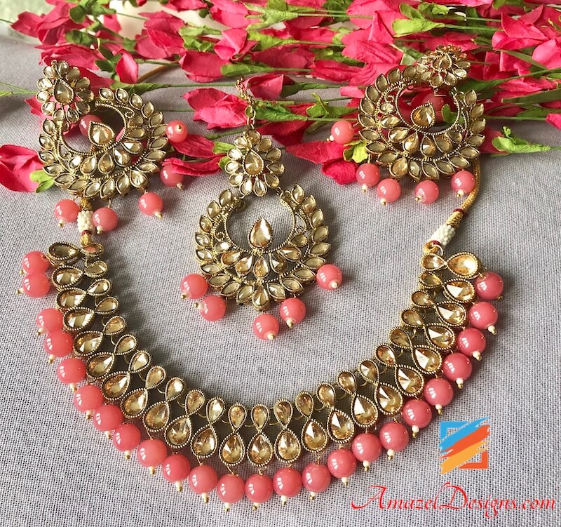 Pink beads cheap necklace set
