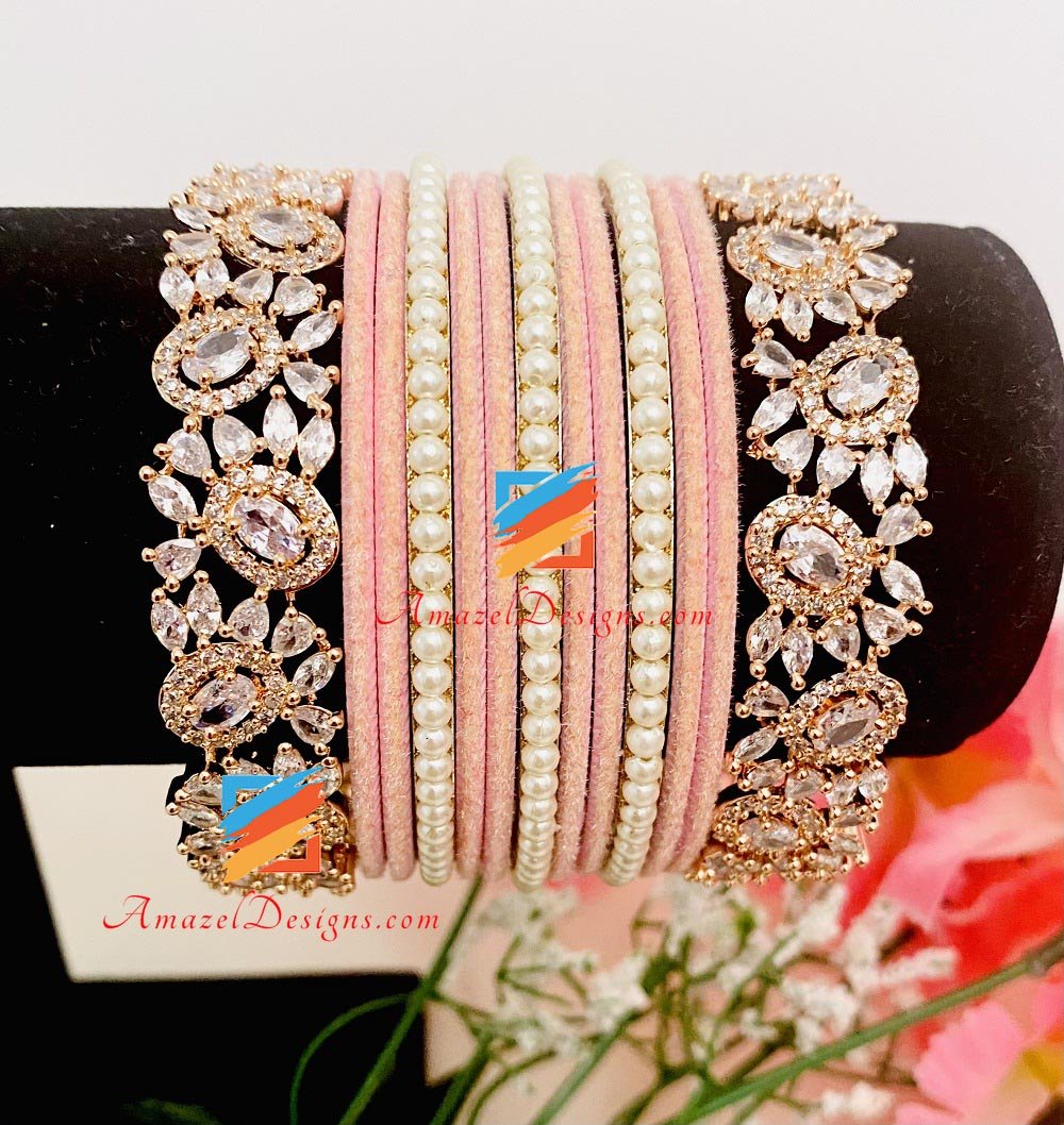 Pink Bangle Set With Rose Gold American Diamond Kadas
