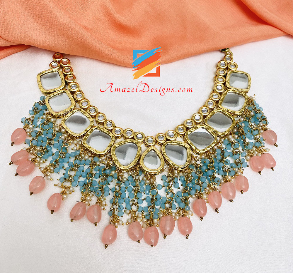 Big Kundan Feerozi Peach Necklace Earrings Tikka Set