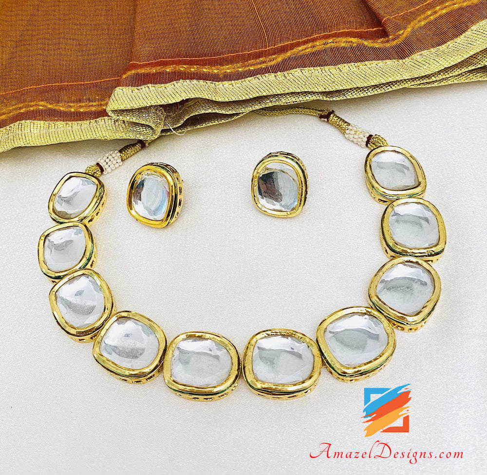 Big Kundan Flexible Lightweight Choker Necklace Studs Earrings Set