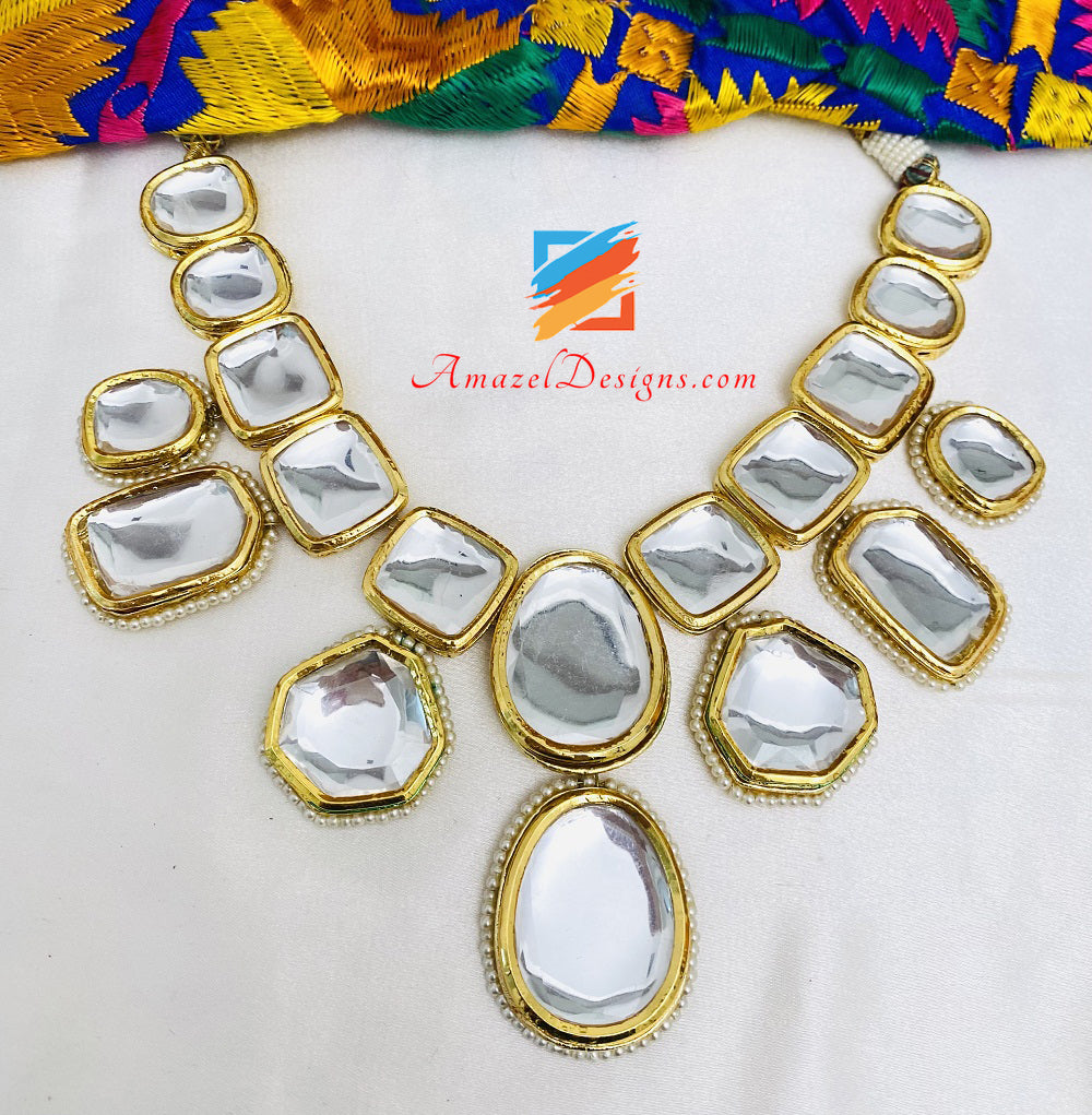 Big Size Kundan Flexible Lightweight Necklace Earrings Tikka Set