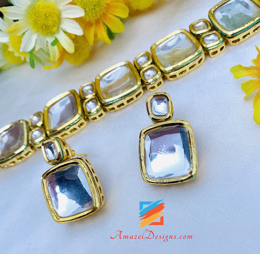 Square Big Kundan Flexible Lightweight Choker Necklace Earrings Set
