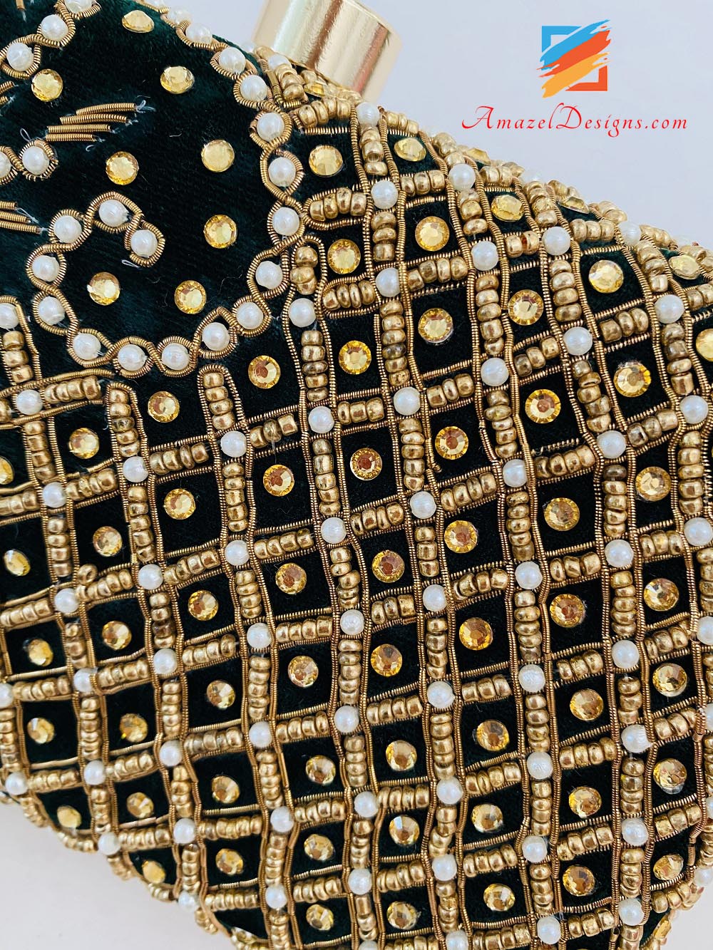 Black Clutch Both Sides Heavy Work Of Stones, Pearls And Dabka