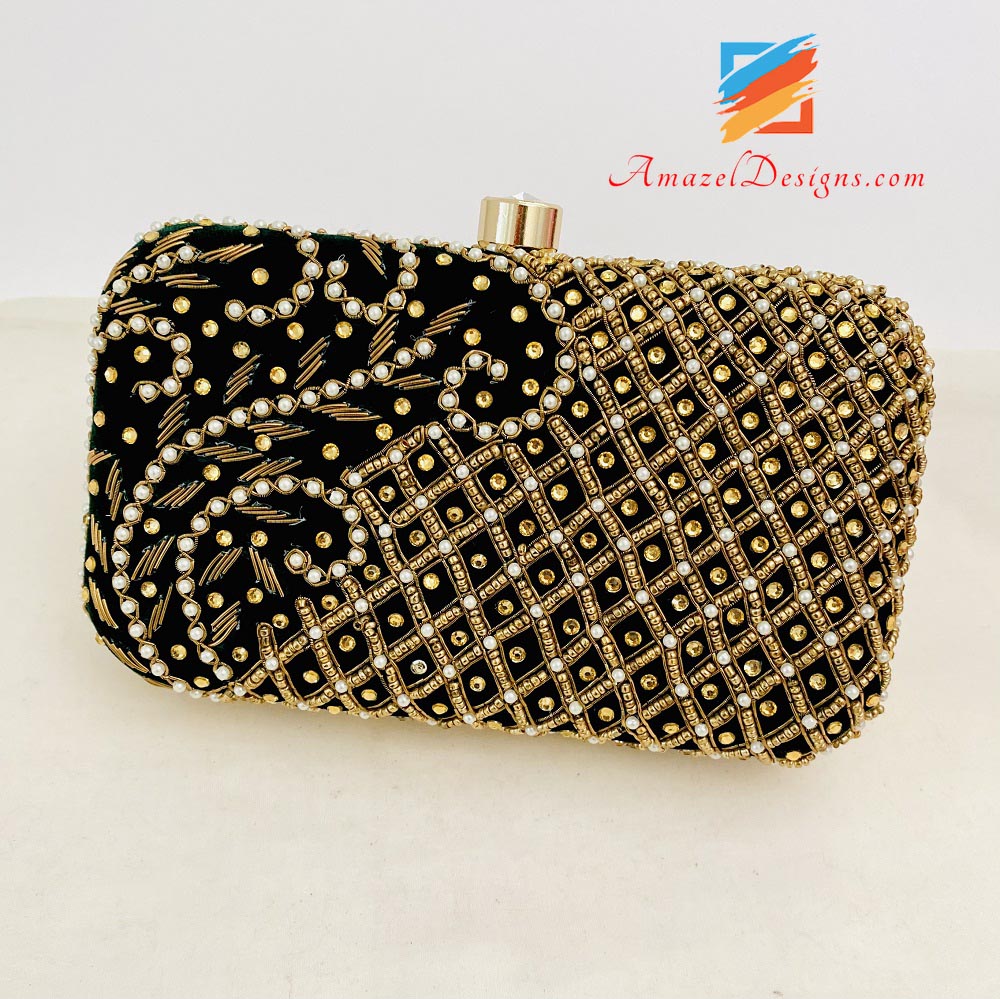 Black Clutch Both Sides Heavy Work Of Stones, Pearls And Dabka