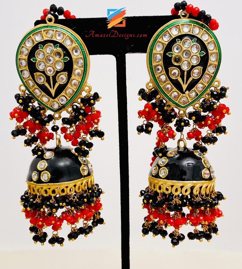 Black Meenakari Jhumka Tikka Set