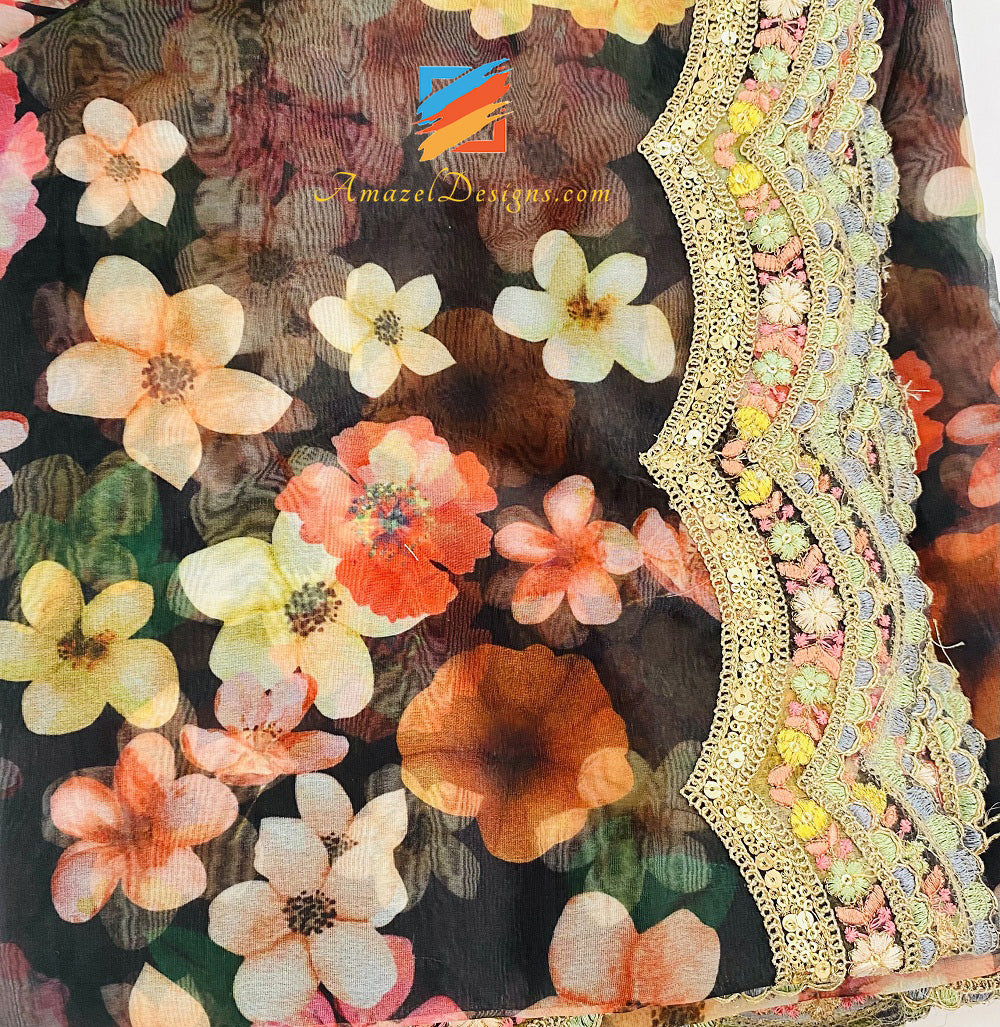 Duppatta super leggero stampato in organza nera con intaglio su 4 lati