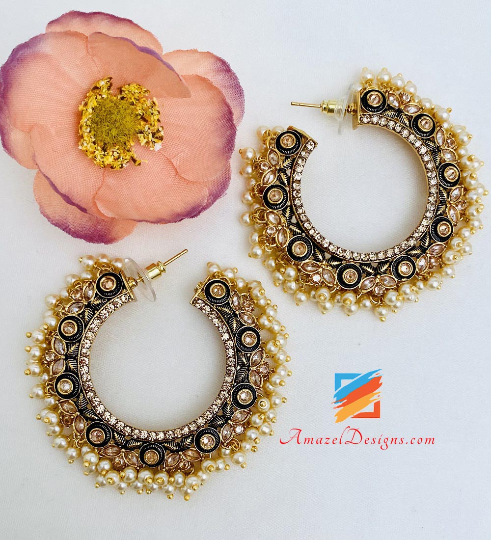 Black Painted Pearly Polki Hoops – Amazel Designs