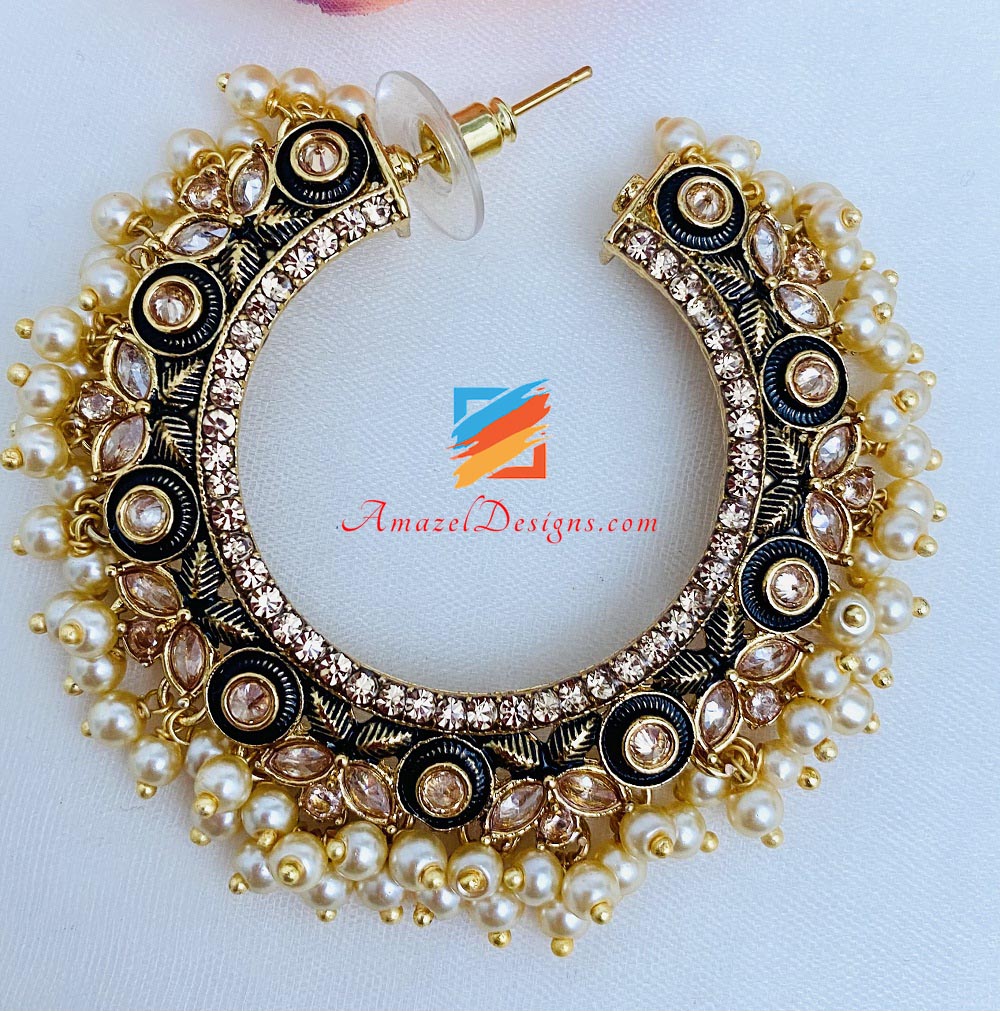 Black Painted Pearly Polki Hoops